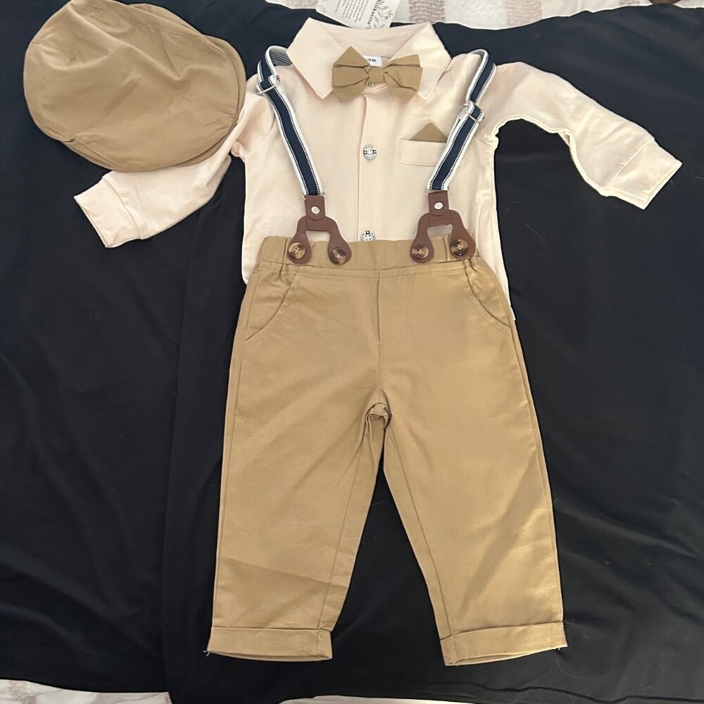 Baby Boy Dress Pant Set w/ Suspenders, Bow-tie & Page Boy Cap (3-6M - NWT)